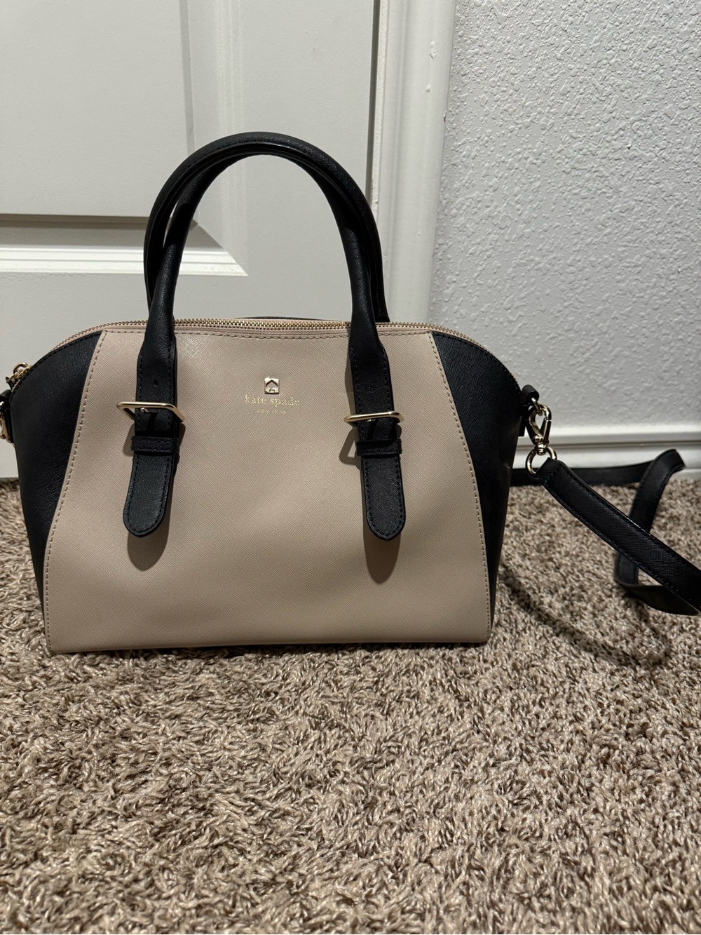 kate spade Beige and Black Dome Satchel with Gold Hardware